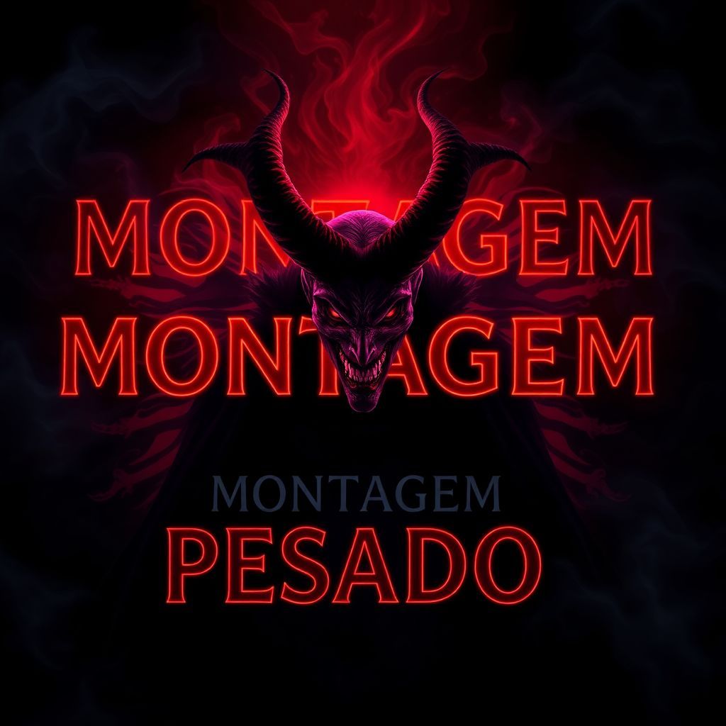 Funk AI Album Cover — A dark, moody album cover featuring an evil character at the center, surrounded by swirling shadows and vibrant, neon colors; the title 'MONTAGEM PESADO' integrated behind him in bold, readable text with a psychedelic style; highly detailed, 8k resolution, cinematic lighting that emphasizes drama and intensity.