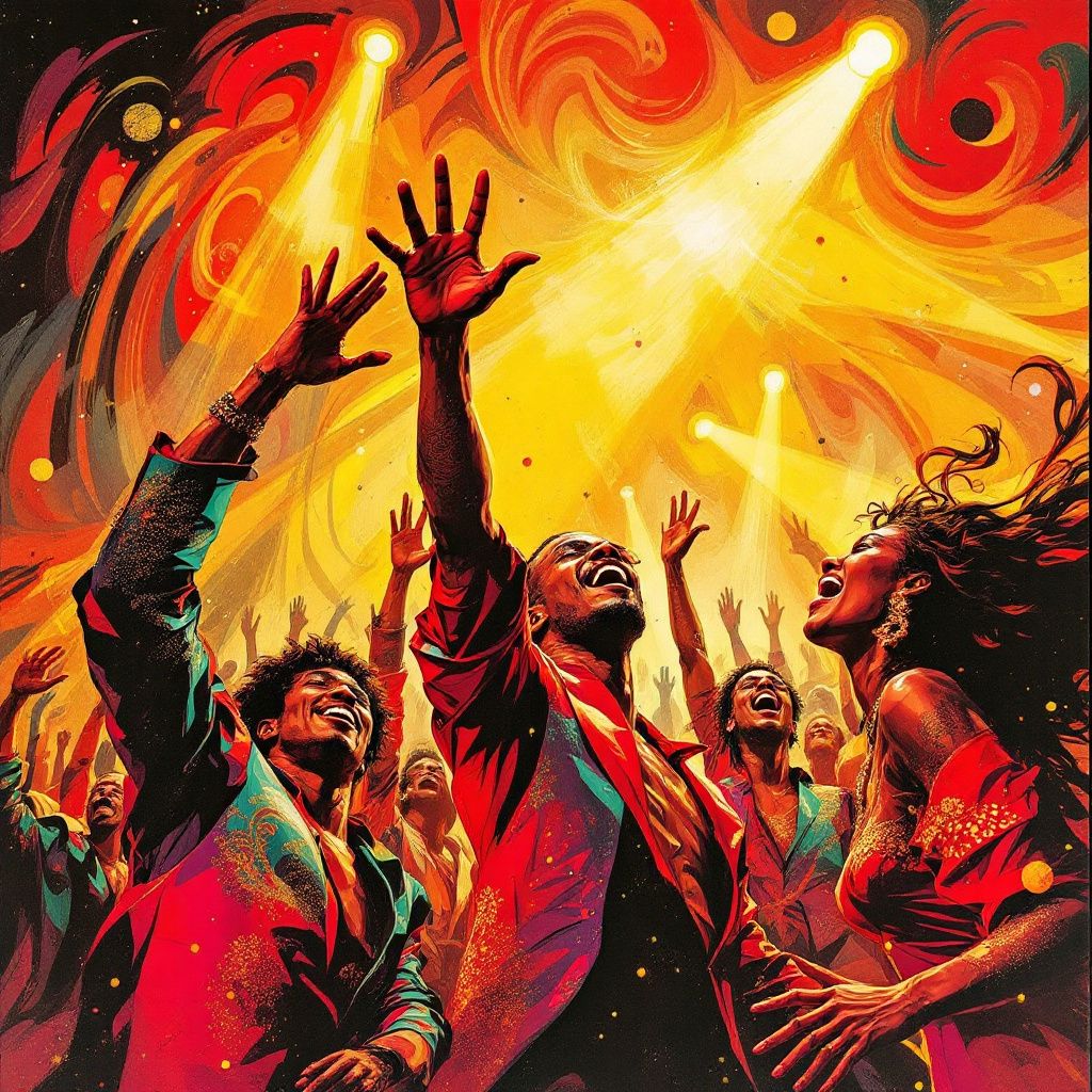 Jazz AI Album Cover — A vibrant jazz album cover with an energetic dance scene, colorful figures raising their hands, abstract swirls of rhythm in the background; dynamic composition, warm lighting, rich red and gold color palette, highly detailed, capturing excitement and liveliness, 8k resolution