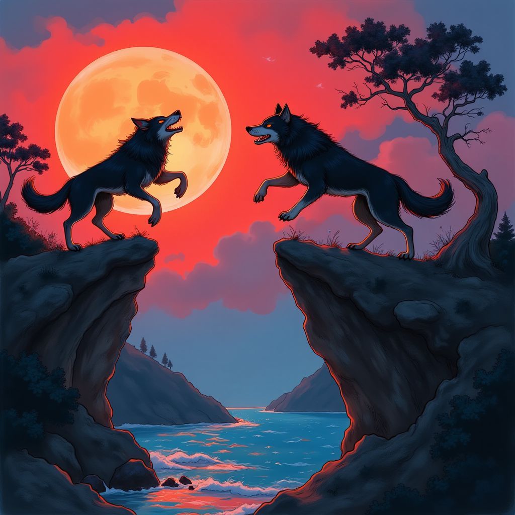 Punk AI Album Cover — A surreal music cover depicting wolves cliff jumping against a vibrant sunset. The wolves are fierce, mid-leap, captured in dramatic detail. A punk-inspired, chaotic atmosphere permeates the piece. Glowing neon accents contrast with deep shadows, creating a surreal, ethereal effect. Colors include fiery reds, dark blues, and intense oranges. Highly detailed, 8k resolution, with a slight psychedelic touch.