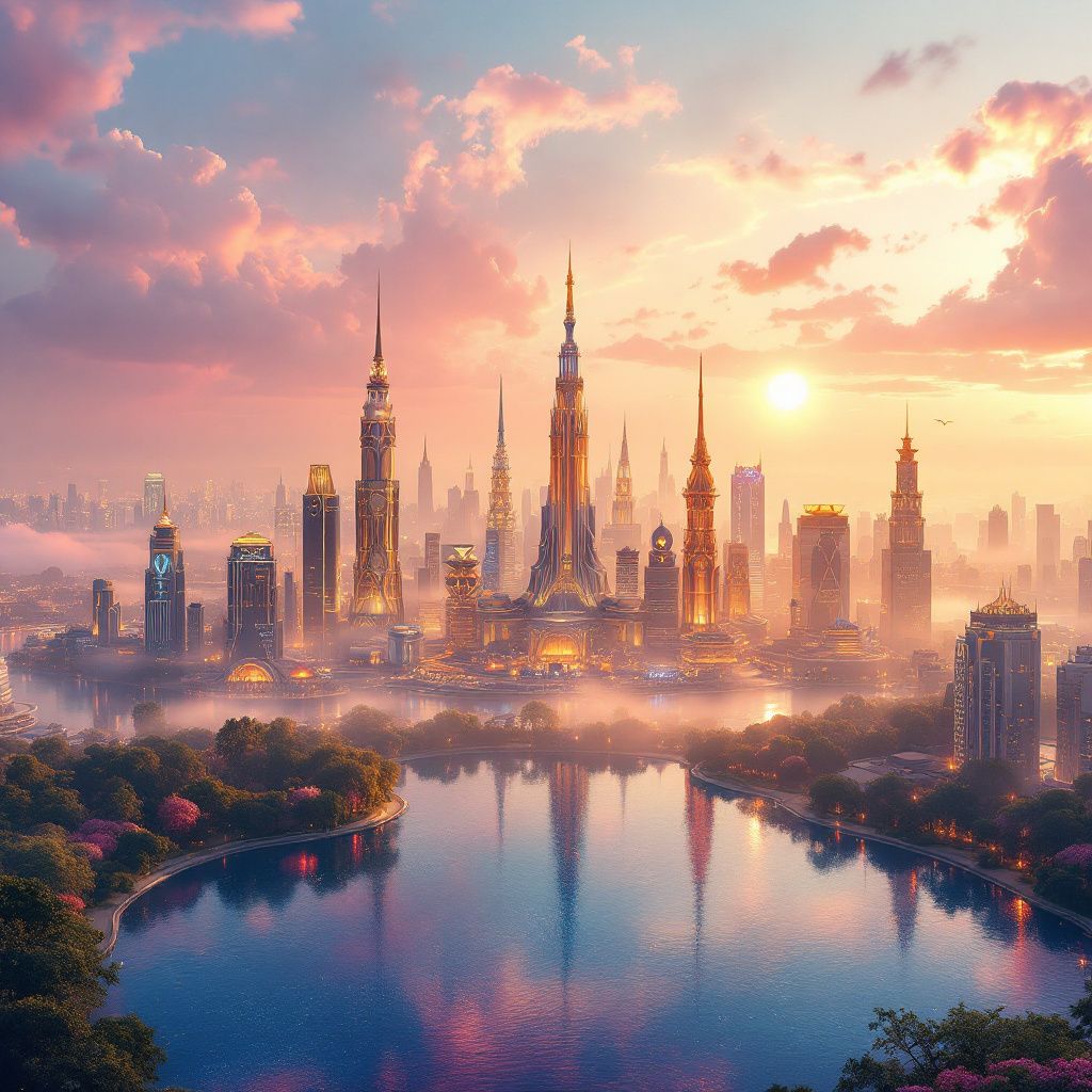 J-Pop AI Album Cover — A dreamlike cityscape, neon lights reflected in a tranquil lake, ethereal and surreal vibe, cinematic wide-angle shot, soft golden lighting, pastel pinks and blues, highly detailed, 8k resolution