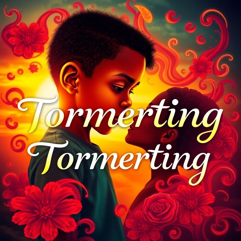 Afrobeat AI Album Cover — A vibrant afrobeat album cover featuring a young boy looking longingly at a girl, surrounded by swirling colorful patterns representing emotions; surreal and dreamy visual style, warm sunset lighting, bold reds and yellows; integrate the title "Tormenting" in elegant, playful typography, highly detailed and photorealistic, 8k resolution.