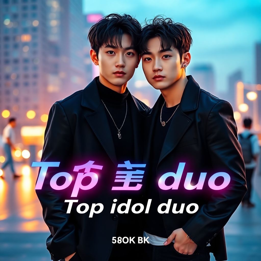 K-Pop AI Album Cover — A captivating K-pop album cover featuring two handsome young men in stylish outfits, standing close together with strong chemistry; cinematic lighting highlighting their features against a soft-focus cityscape at night, the title "Mission: Top idol duo" integrated in a modern font, vibrant colors with holographic glows, 8k quality, highly detailed, polished and glamorous vibe