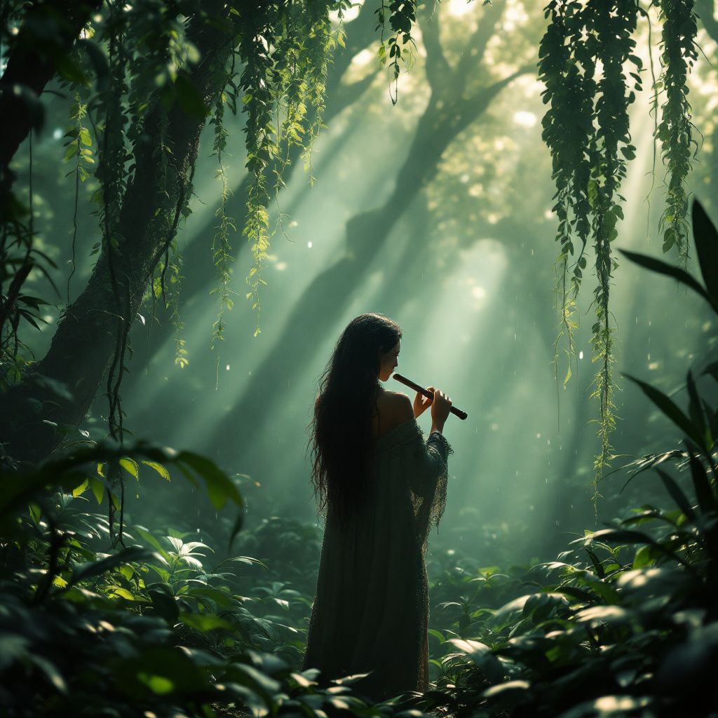 World AI Album Cover — Misty rainforest with mysterious indigenous musician playing flute, ethereal atmosphere, soft sunlight filtering through leaves, lush greens and blues, dream-like, photorealistic 8k resolution