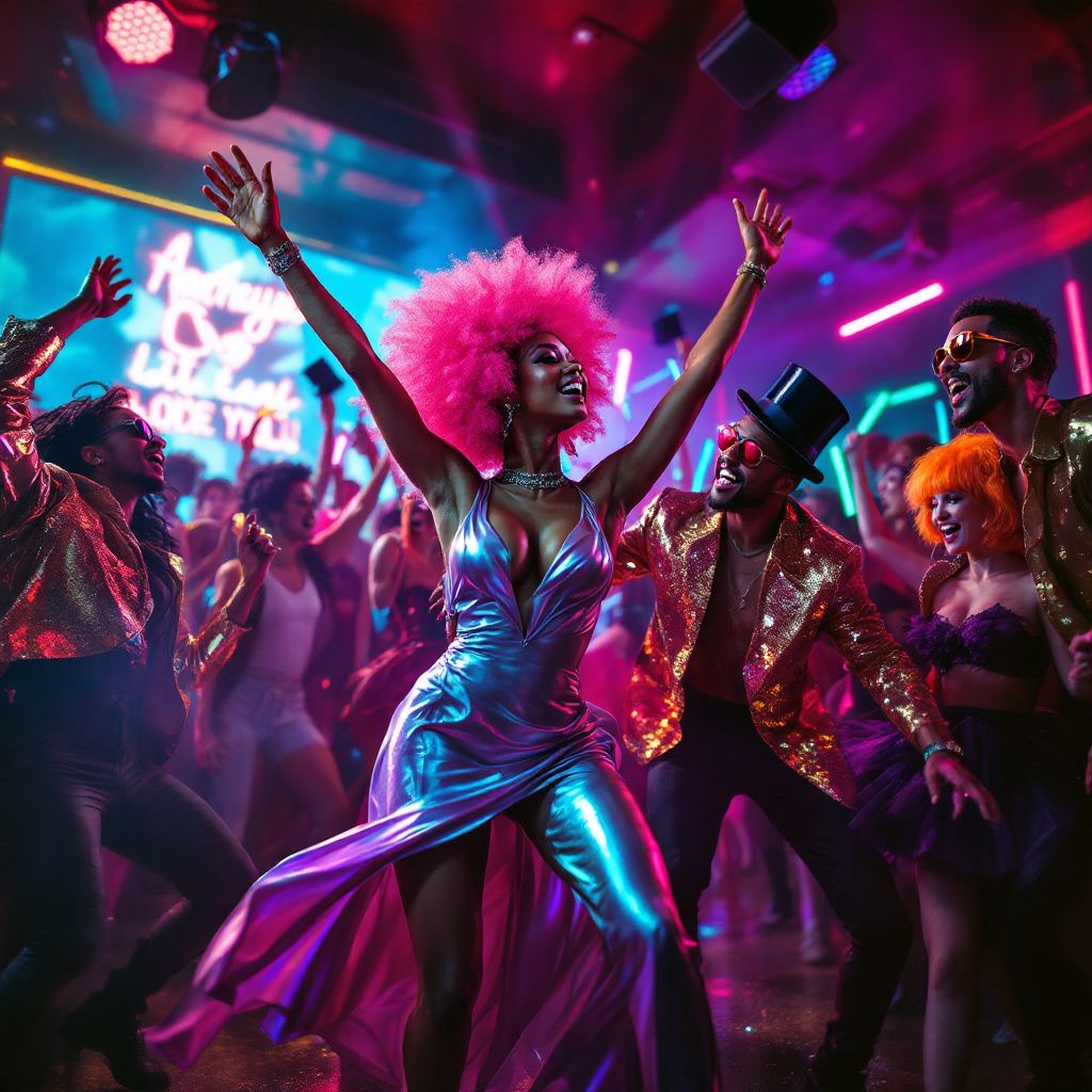 Soundtrack AI Album Cover — A vibrant, psychedelic album cover featuring dynamic figures dancing in a surreal club scene; neon lights and colorful smoke fill the air, with expressive gestures conveying energy and excitement; highly detailed, warm colors like pink and gold to symbolize vitality, 8k resolution, electrifying atmosphere
