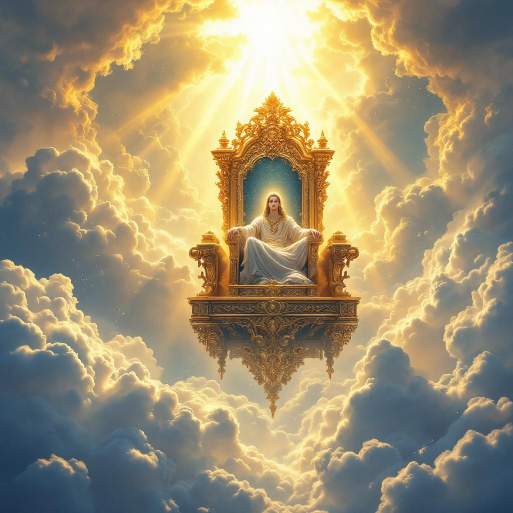 Gospel AI Album Cover — A majestic throne surrounded by celestial clouds, with golden rays of light illuminating the figure seated; ethereal and surreal style, vibrant color palette of gold, white, and blue, capturing a divine atmosphere, highly detailed, masterpiece quality, 8k resolution