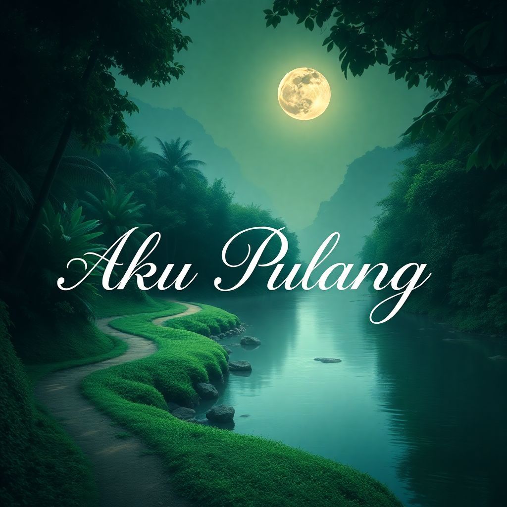 R&B AI Album Cover — A serene album cover for 'Aku Pulang' featuring a lush Borneo jungle with winding paths, a gentle river reflecting moonlight; ethereal and dreamy style, warm color palette with greens and soft blues, clear and well-integrated text of the title "Aku Pulang" in elegant, flowing script; highly detailed, 8k resolution, tranquil atmosphere.