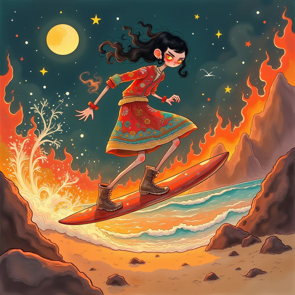 Rock AI Album Cover — A whimsical illustration of a living dead figure in Belarus national dress surfing through a fiery underworld; vibrant colors with surreal lighting, dynamic action pose, highly detailed with 8k resolution, ethereal and psychedelic atmosphere, flames and beach elements intertwining, capturing a rock-n-roll spirit, whimsical and adventurous imagery.