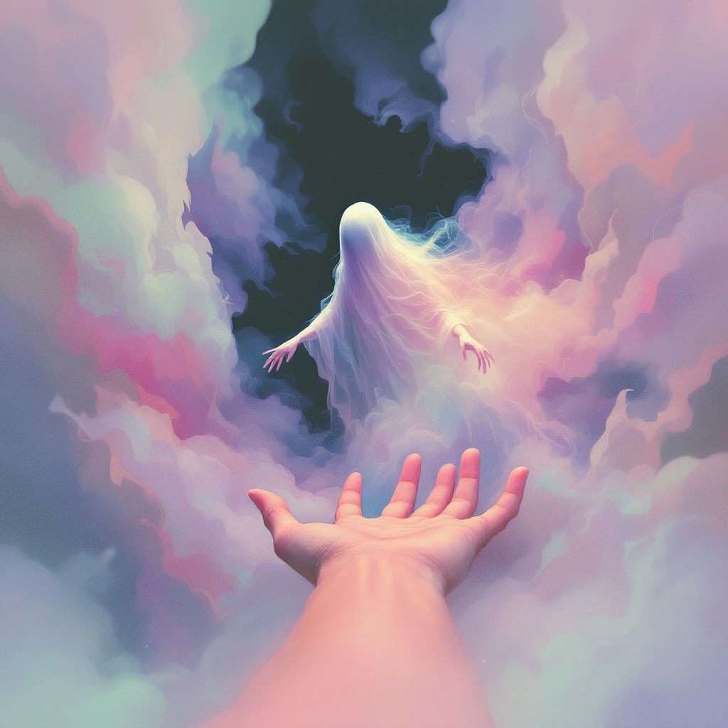 Latin AI Album Cover — A surreal album cover for 'El Espectro De Su Silencio', featuring a ghostly figure reaching out a hand through a vibrant, abstract landscape of emotions; soft pastel hues blending with shadows; ethereal light illuminating the scene, highly detailed and moody atmosphere, 8k resolution