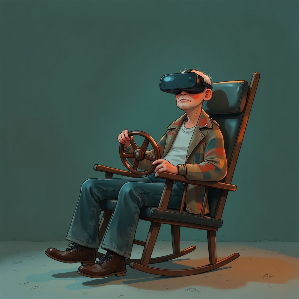 Indie AI Album Cover — An old man in a rocking chair, legs covered by plaid, wearing a VR headset and gripping a steering wheel, minimalistic background with ample negative space, subdued color palette with vibrant hues, thought-provoking and introspective aesthetic, highly detailed, 8k resolution, reflective lighting, moody atmosphere