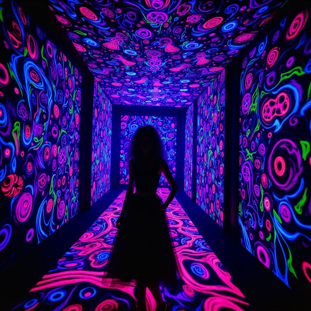 Chillout AI Album Cover — A vibrant, psychedelic album cover for a chillout song featuring surreal, flowing shapes and abstract patterns illuminated under black light; glowing colors like neon blue, purple, and green create a dreamy atmosphere; intricate details and fluid composition, highly detailed, 8k, ethereal feel