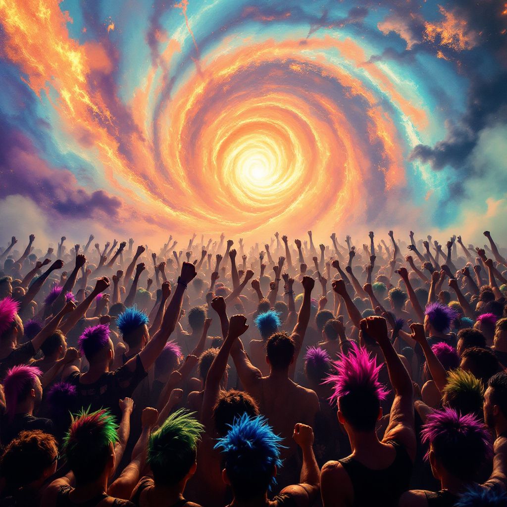 Punk AI Album Cover — Punk concert crowd, waving fists and mohawks, foggy atmosphere, vibrant lighting effects, mix of deep blues and fiery oranges, ethereal and dynamic, highly detailed 8k