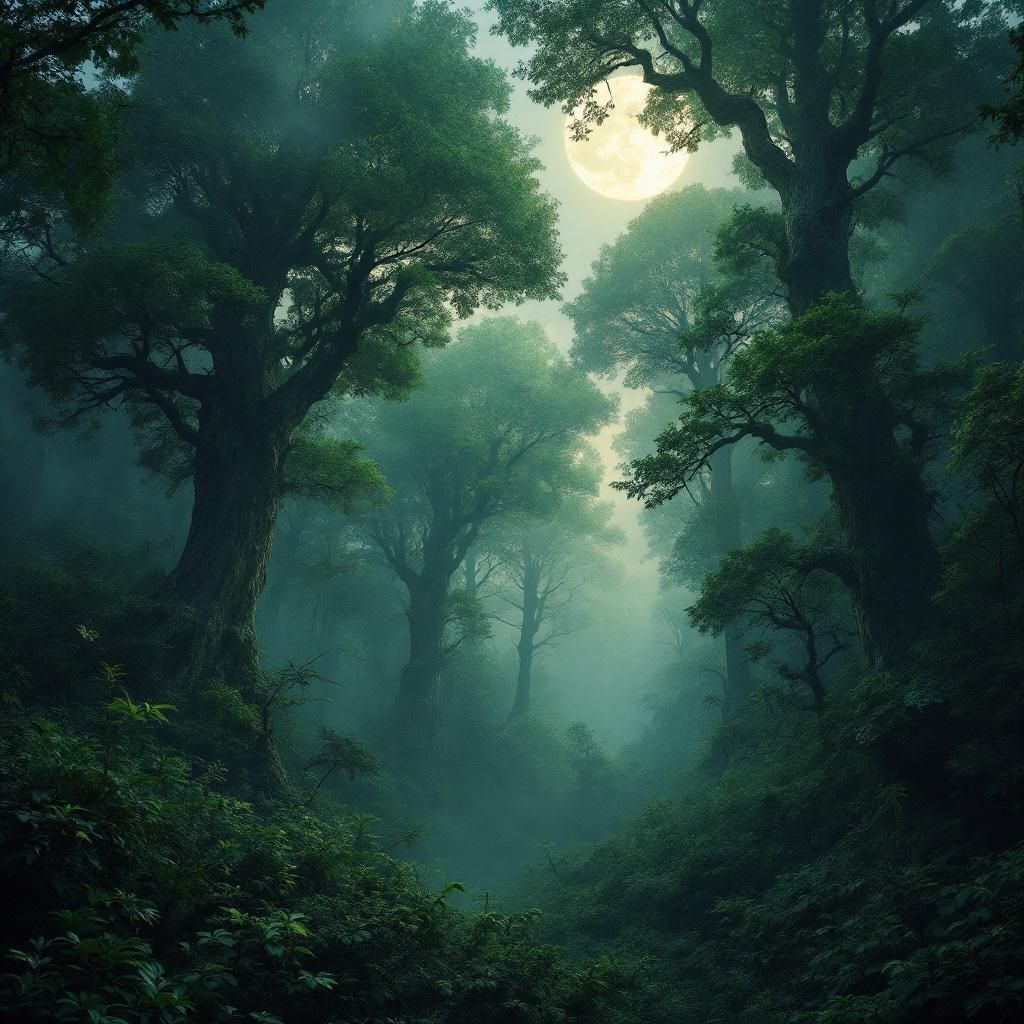 Trance AI Album Cover — Lush forest landscape captured in ultra-realistic detail under the glow of the moon, soft mist curling around tree trunks, rich blues and greens, sharp focus on natural beauty, tranquil and reflective atmosphere, high-quality photography, moody and emotive lighting.