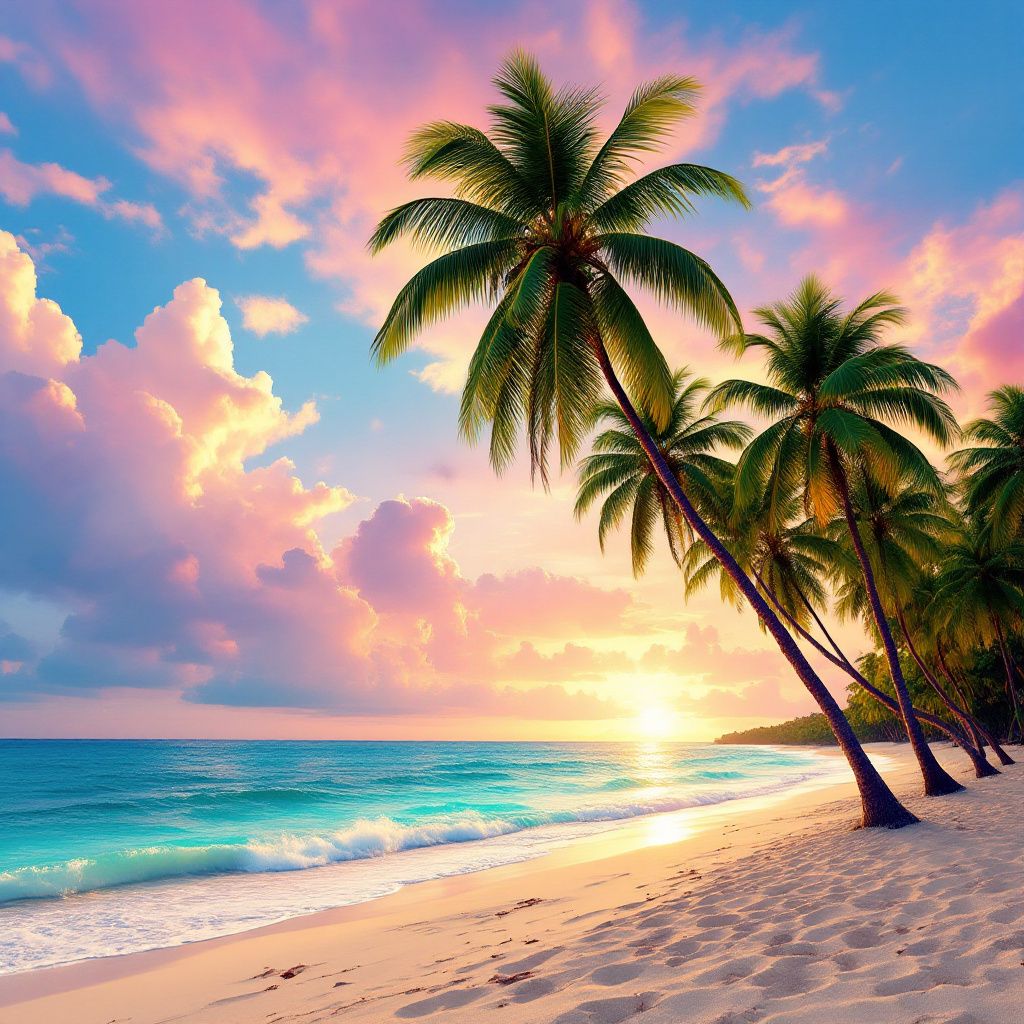 Reggae AI Album Cover — Surreal beach scene with reggae colors, palm trees swaying in a gentle breeze, artistic style, soft lighting at sunset, vivid greens and oranges, highly detailed, 8k resolution, professional.