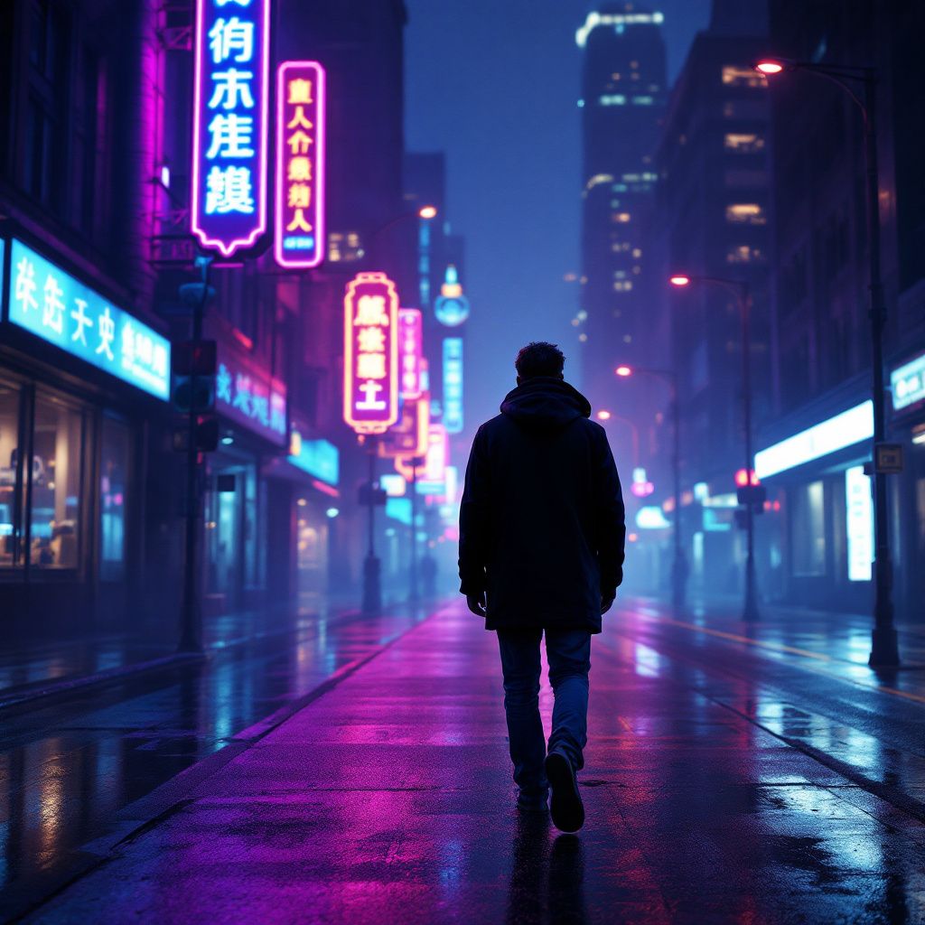 EDM AI Album Cover — A surreal EDM album cover depicting a lone figure walking down a neon-lit street, with shadows casting a sense of emptiness; vibrant colors with electric blues and purples; moody atmosphere and cinematic lighting, highly detailed and photorealistic, capturing the emotion of searching and longing, 8K resolution.