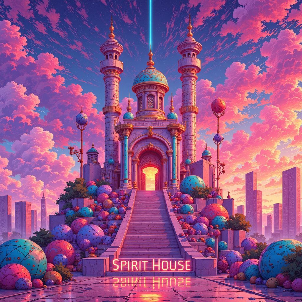 House AI Album Cover — A futuristic floating temple built of neon pillars and playful geometric shapes in a vivid psychedelic sky; colorful ornaments and abstract forms dance around surreal cartoonish figures on the steps, enhanced neon glowing title 'Spirit House' at the center, pastel pink, purple, cyan, and orange hues, highly detailed, vibrant and ethereal atmosphere, 8k resolution