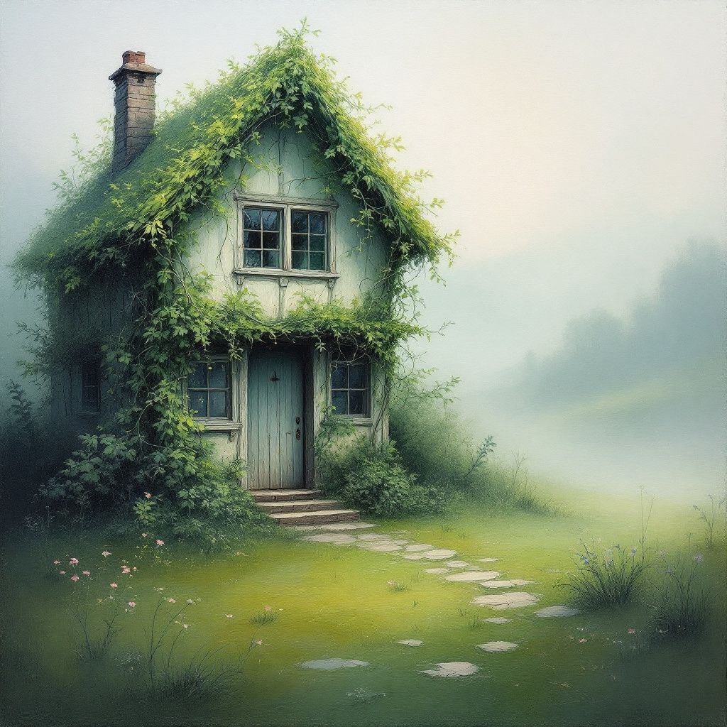 Folk AI Album Cover — An abstract painting showcasing a vine-covered cottage, morning mist surrounds, soft greens and blues, minimalist composition, serene feeling, textured brushstrokes, 8k quality