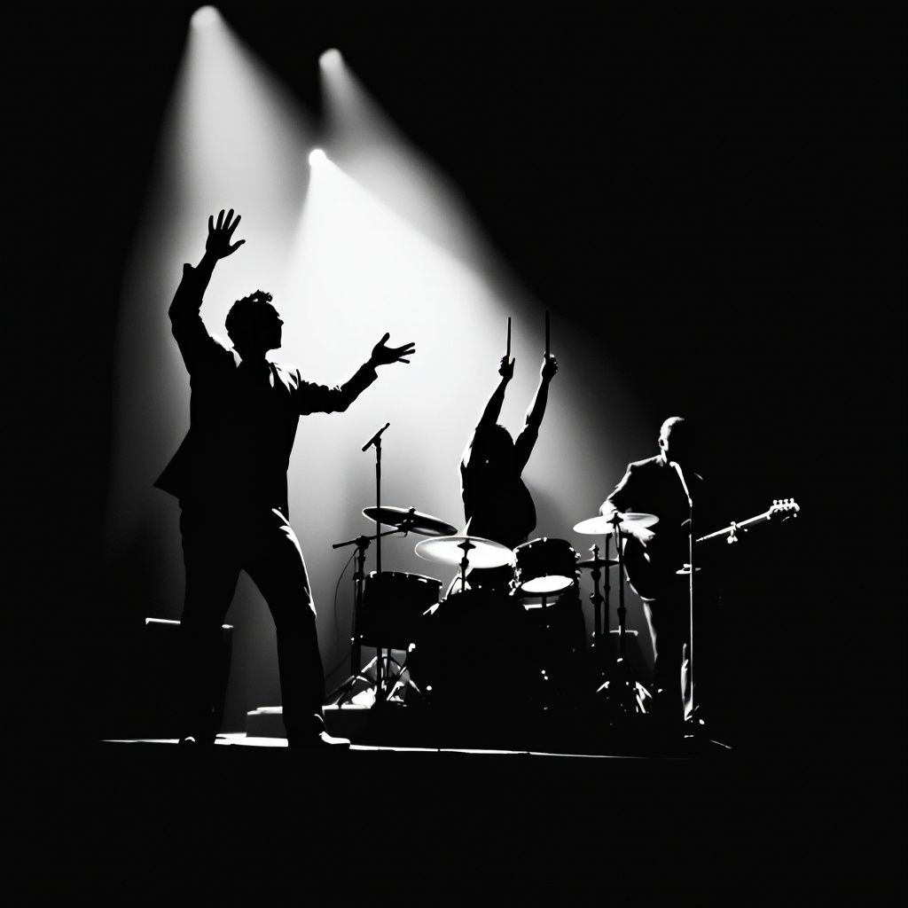 Latin AI Album Cover — A minimalist salsa band silhouette, sharp shadows, sleek black and white, moody ambiance, high quality with smooth lines