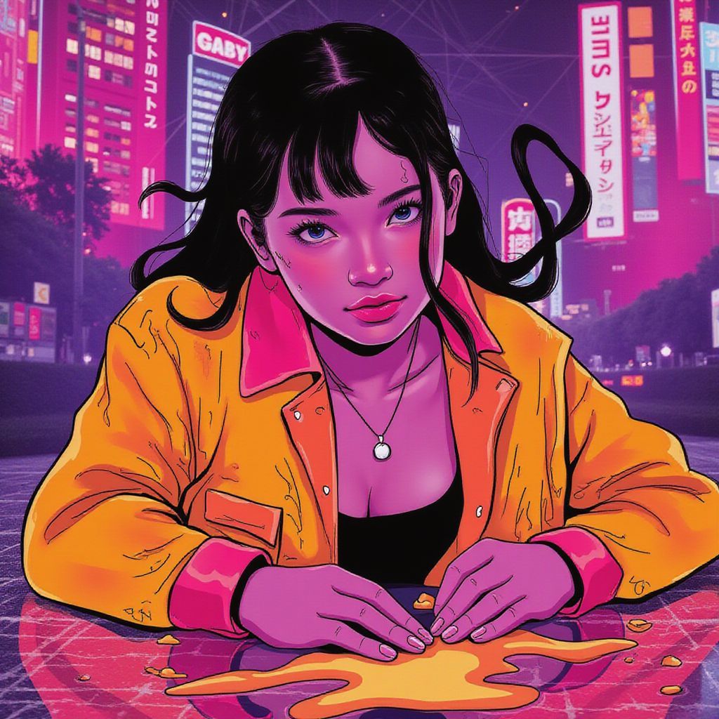 K-Pop AI Album Cover — A dynamic k-pop album cover illustrating strong, energetic girls laying on the ground covered in sweat, vibrant colors of orange and pink, half photo-realistic elements combined with hand-drawn illustrations, cinematic lighting creating a sense of urgency and uncertainty, highly detailed, vibrant atmosphere, 8k resolution