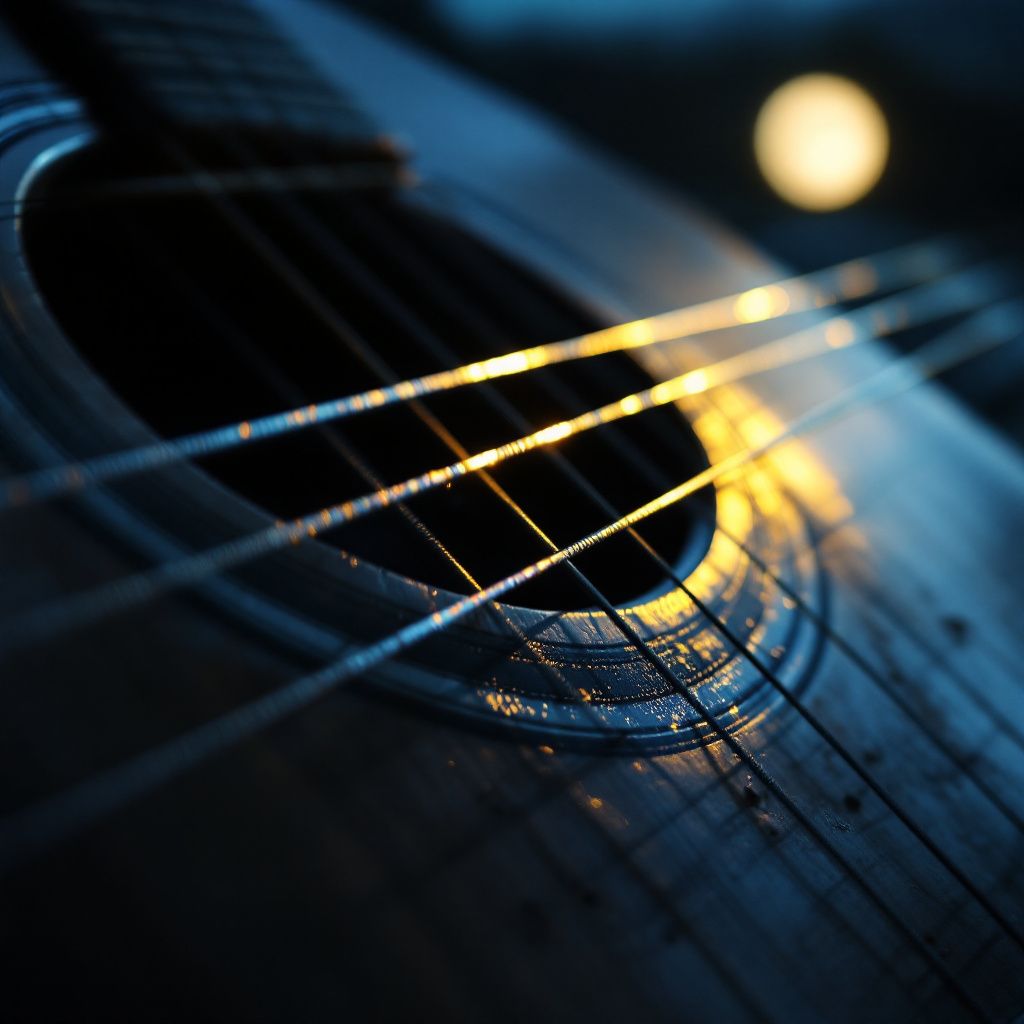 Blues AI Album Cover — A detailed close-up of a steel string guitar, light blues and silver colors reflecting off strings, surreal lighting from a waning moon, cinematic and nostalgic, highly detailed texture, 8k