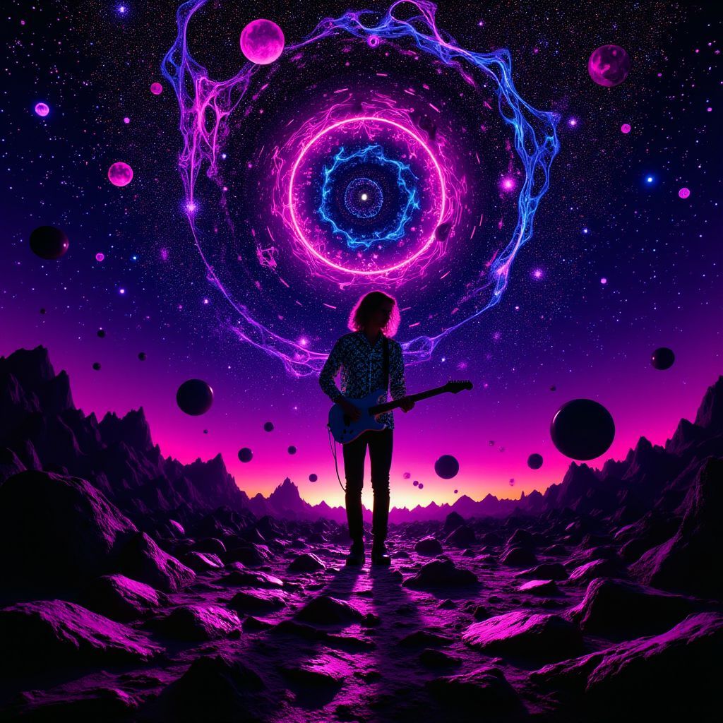 Rock AI Album Cover — A surreal rock album cover featuring a cosmic landscape with swirling galaxies and a silhouette of a musician playing guitar at the center, vibrant colors with black light effects, psychedelic imagery, intense contrasts, highly detailed and ethereal atmosphere, 8k resolution