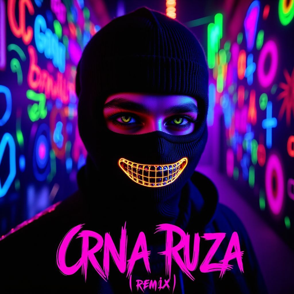Hip-Hop AI Album Cover — A striking hip-hop album cover featuring Halid Baslic wearing a balaclava and gold grills, vibrant black light illustration with neon colors; central focus on his intense gaze, urban graffiti backdrop, ethereal lighting effects highlighting the title 'Crna Ruza (remix)', highly detailed, 8K resolution, futuristic and moody atmosphere.