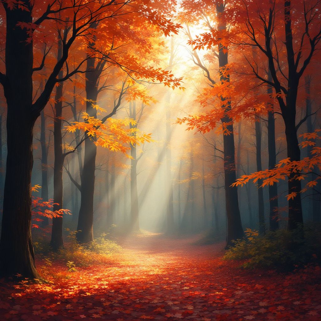 Folk AI Album Cover — A lattice of sunbeams breaking through forest trees, autumn colors, vibrant reds and oranges, moody atmosphere, abstract style, high quality 8k detail, evokes warmth and wonder