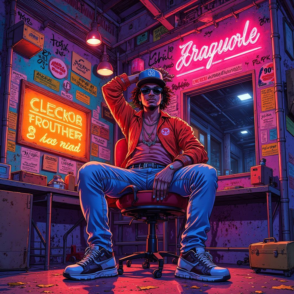 Hip-Hop AI Album Cover — A vibrant hip-hop album cover featuring a cool, confident figure in a stylish studio, surrounded by abstract graffiti and edgy textures; colorful, dynamic poses, and exaggerated expressions, illuminated with playful neon lights, capturing the lively energy of the lyrics, 8k resolution, Ghibsky illustration style