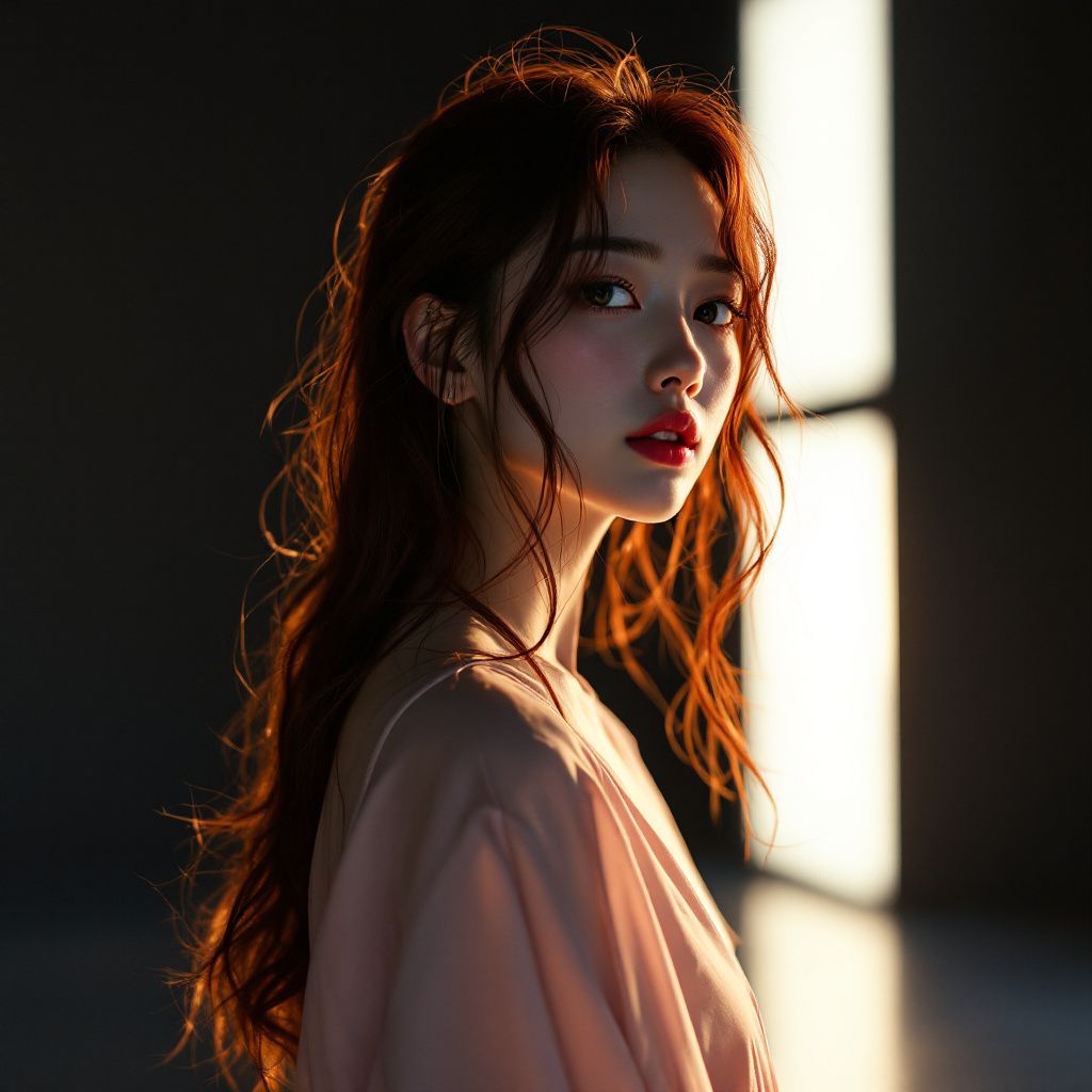 J-Pop AI Album Cover — Serene portrait of a j-pop idol on a stage, candid expression, minimalist backdrop, moody lighting, contrasting soft reds and blacks, photorealistic finish, high quality