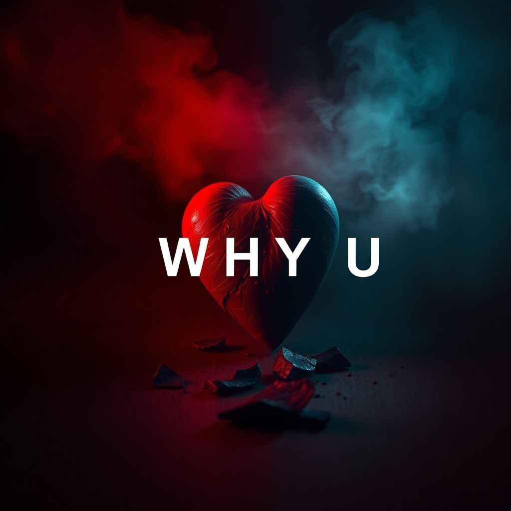 Trap AI Album Cover — A striking trap music album cover with the title "WHY U" integrated into the design, featuring a heart shattered on the floor with shadows and dim lighting; moody color palette of deep reds and blacks, ethereal mist creeping in, highly detailed, 8k quality, emotional and reflective atmosphere