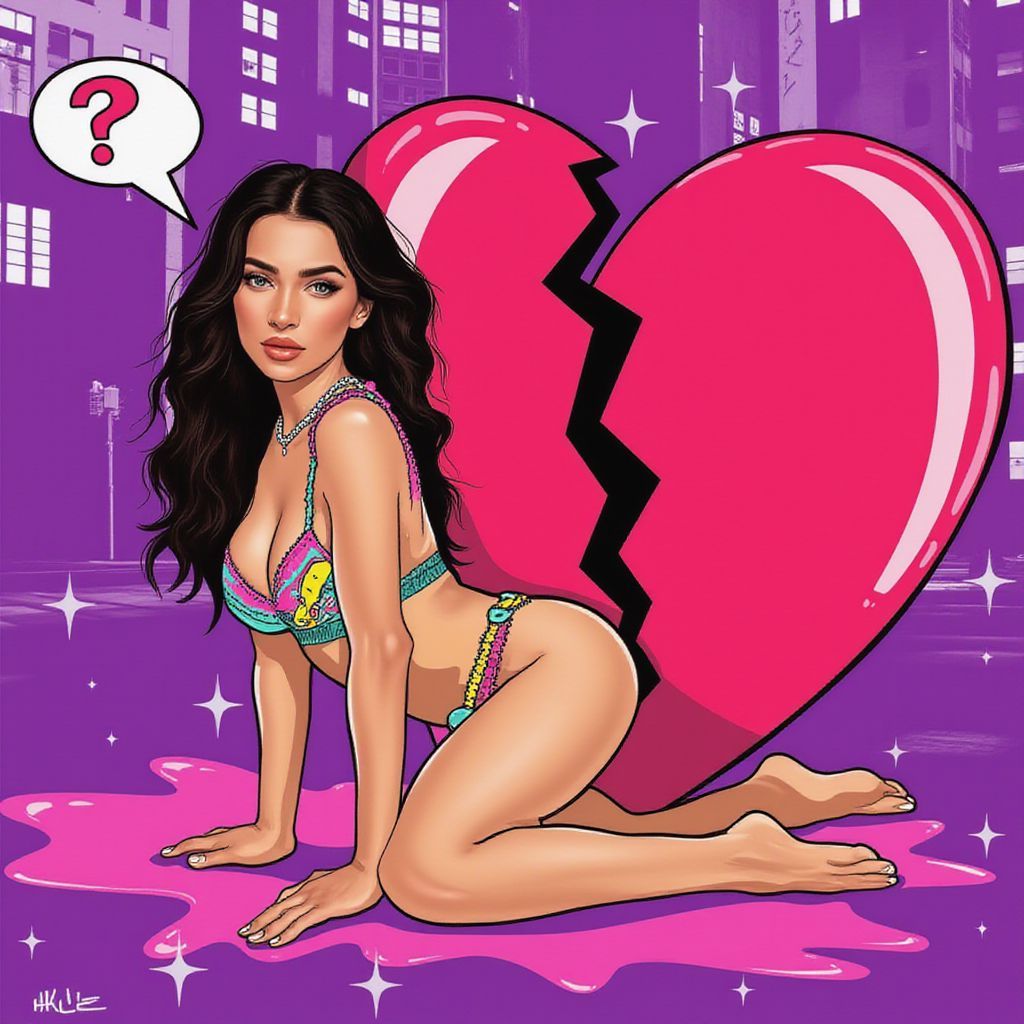 Reggaeton AI Album Cover — A half-illustrated album cover for a reggaeton song titled 'Perreo & Corazones Rotos'. A vibrant, playful scene featuring a seductive woman in colorful lingerie next to an oversized broken heart. The style is reminiscent of 90s cartoons with exaggerated features, bold outlines, bright hues of pink and purple, highly detailed, dynamic expressions, and a fun atmosphere; lighting is soft and inviting.