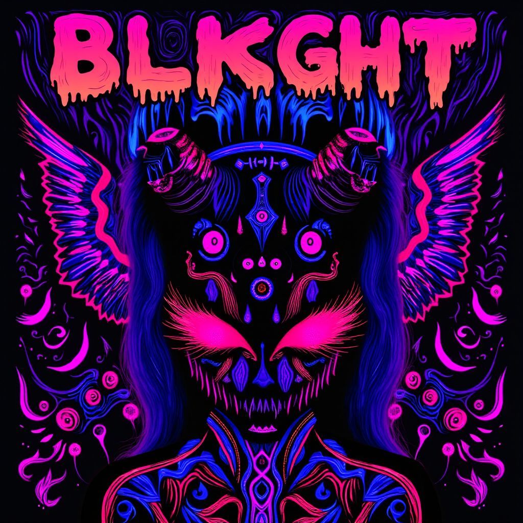 Funk AI Album Cover — A vibrant, surreal black light album cover featuring an evil character with intense, glowing eyes at the center, surrounded by abstract, psychedelic patterns; dark atmosphere with bright neon colors, atmospheric lighting, highly detailed and photorealistic style, 8k resolution, the text behind the character in a bold, readable font