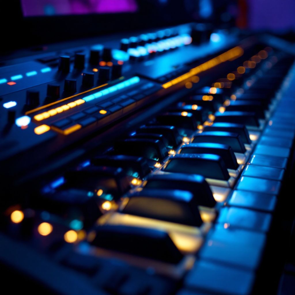 Synth-Pop AI Album Cover — Close-up of a vintage synthesizer with glowing keys, photorealistic style, soft ambient glow, moody atmosphere, black, white, and electric blue, highly detailed, 8k resolution