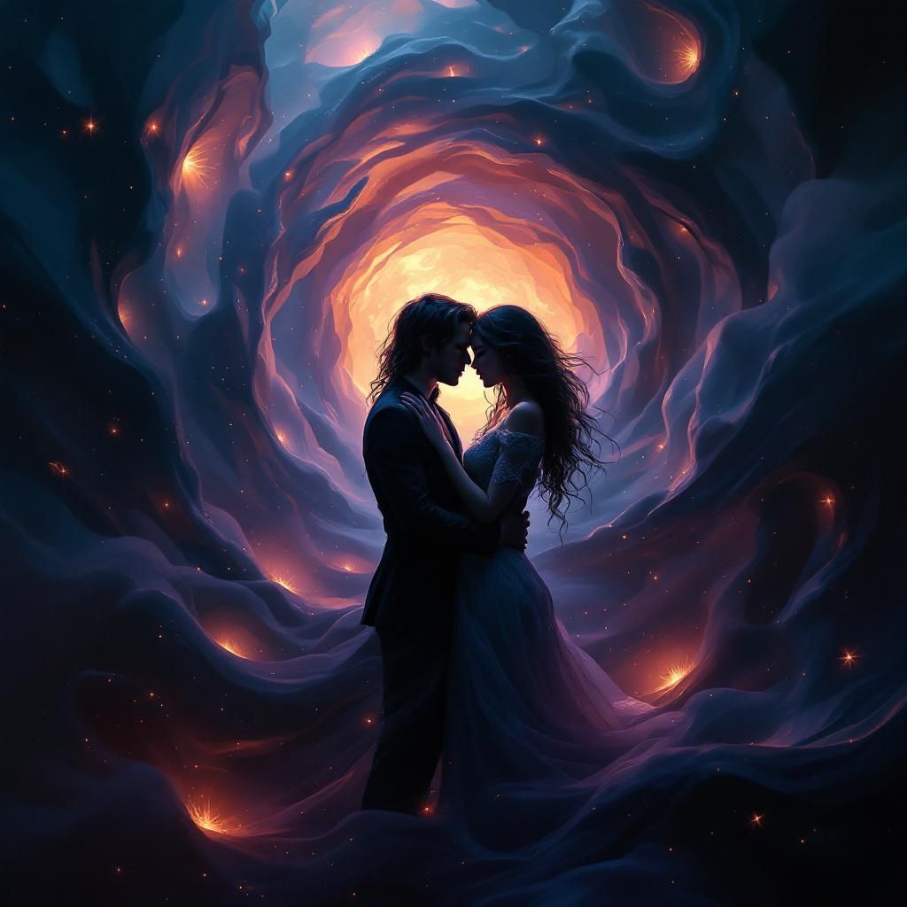 Rock AI Album Cover — A surreal rock album cover featuring a couple holding each other tightly, surrounded by abstract swirls representing their thoughts; dark and moody atmosphere with soft glowing lights, deep blues and purples, and hints of vibrant colors; highly detailed, 8k resolution, capturing emotional depth and connection.