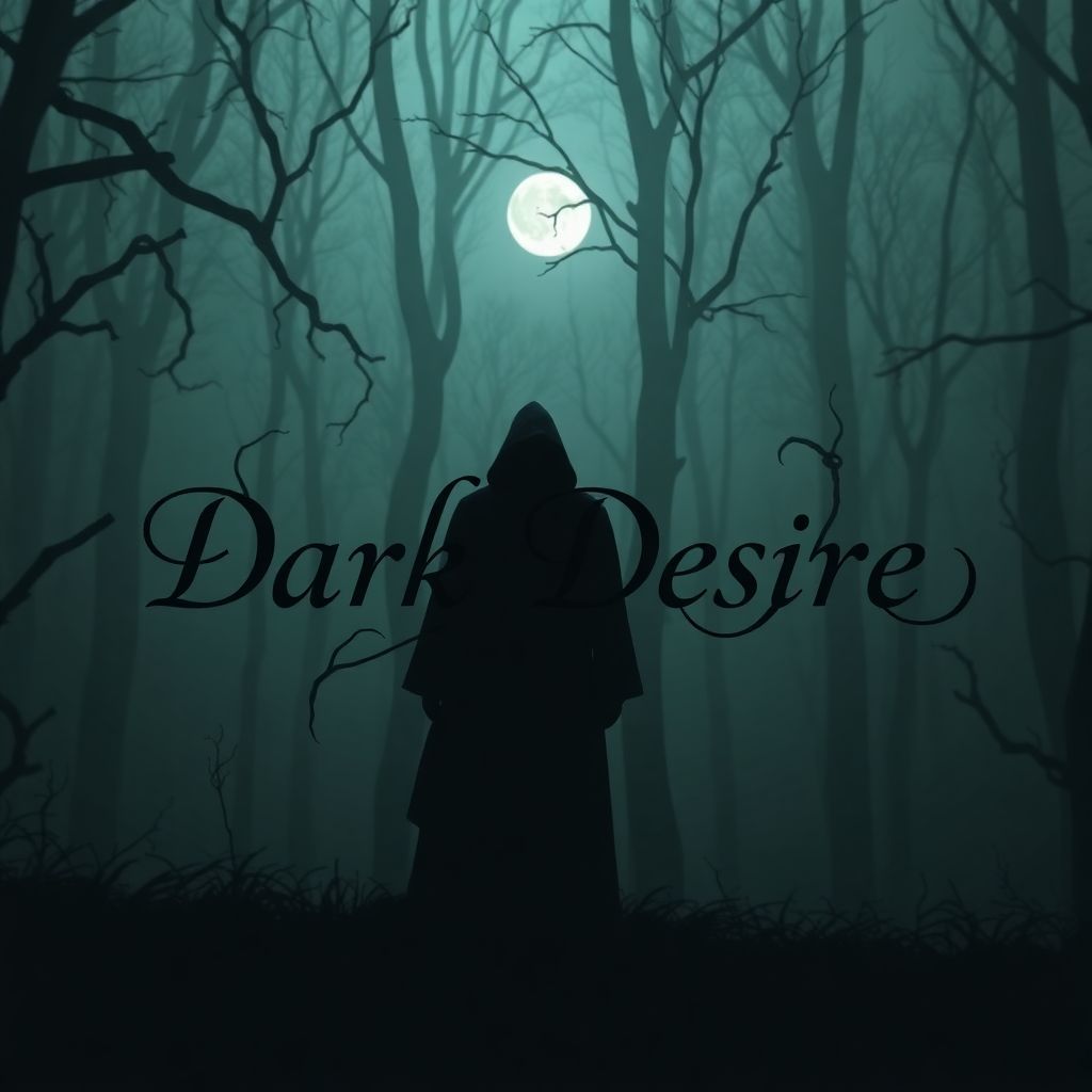 Electronic AI Album Cover — A minimalist design showcasing a shadowy figure in a mysterious forest, the title "Dark Desire" elegantly entwined with twisted branches, soft moonlight illuminating the scene, muted greens and blacks for a haunting atmosphere, high quality and photorealistic detail, 8K resolution, flowing and enchanting ambiance.