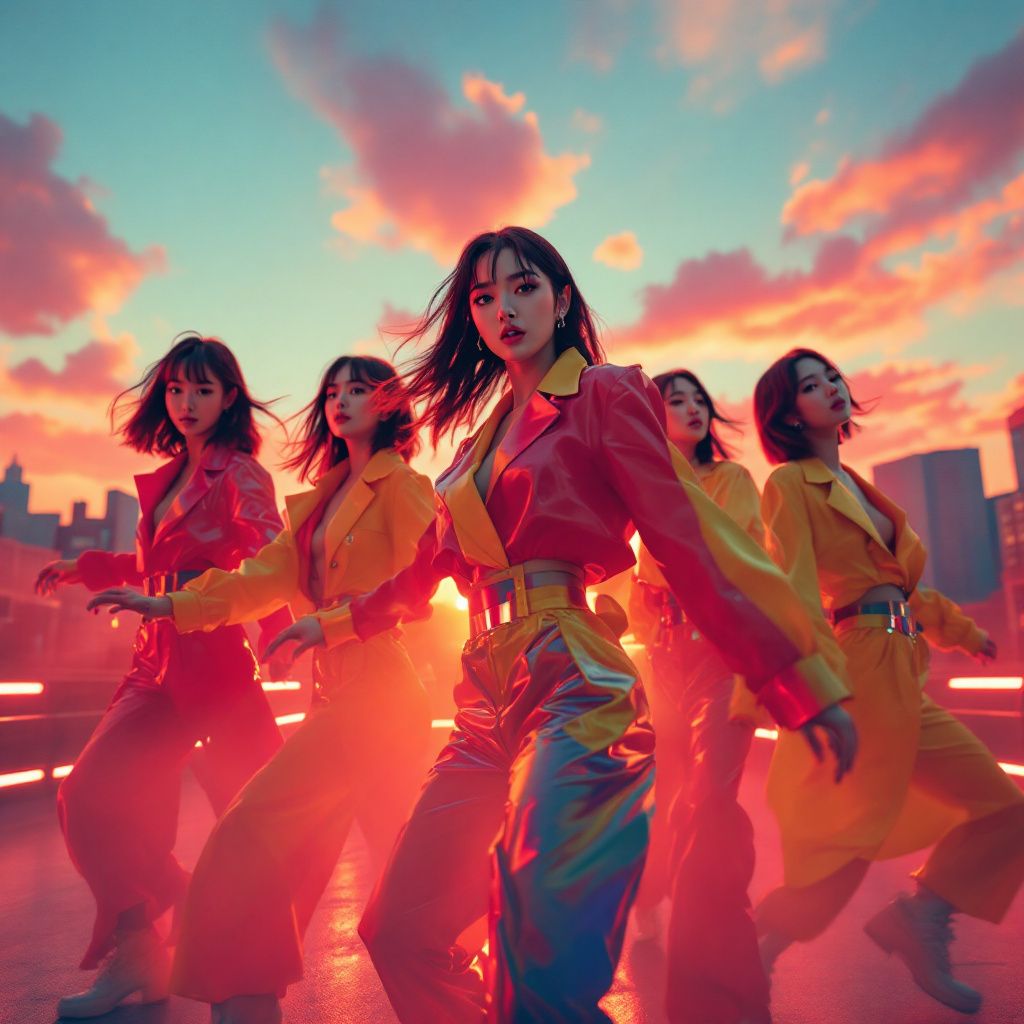 J-Pop AI Album Cover — Dynamic dance motion of a j-pop group, energetic and vibrant, colorful light streaks, sharp focused close-ups, predominant reds and yellows, professional quality