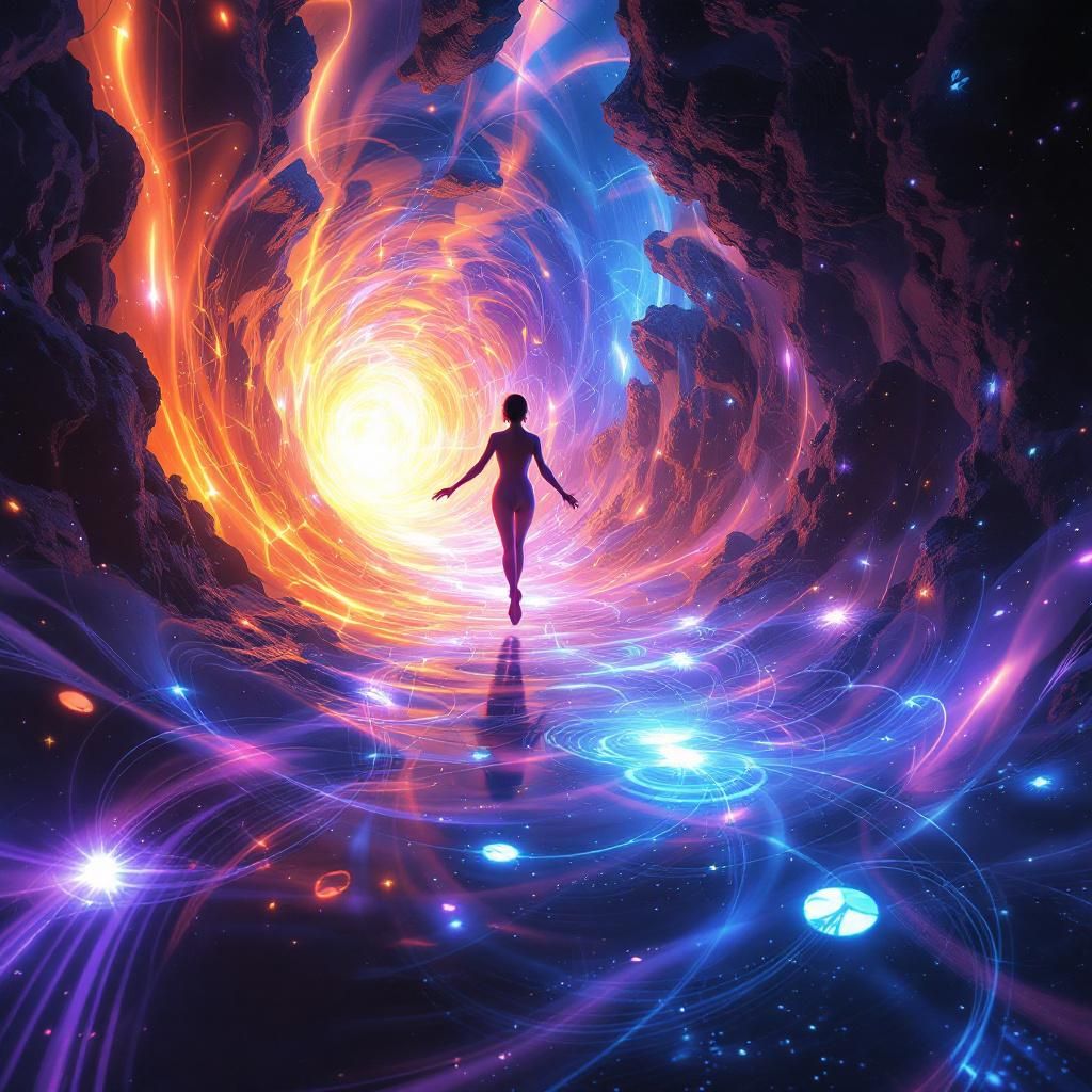 Electronic AI Album Cover — A surreal electronic music cover featuring a dreamlike figure floating in a vibrant, glowing tunnel; psychedelic patterns swirling around, ethereal light effects in blues and purples; a sense of motion and sound waves emanating from the figure, highly detailed and photorealistic, capturing the essence of bliss and vibration.