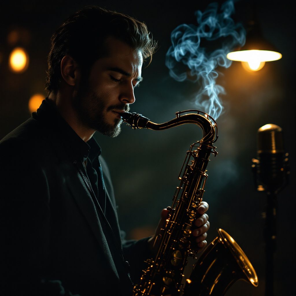Jazz AI Album Cover — A moody jazz album cover featuring an elegant saxophonist playing in a dimly lit speakeasy; rich, deep blues and golds dominate the color palette, with ethereal lighting highlighting the musician’s expressive face and flowing notes; photorealistic, highly detailed, capturing an intimate atmosphere, 8k resolution