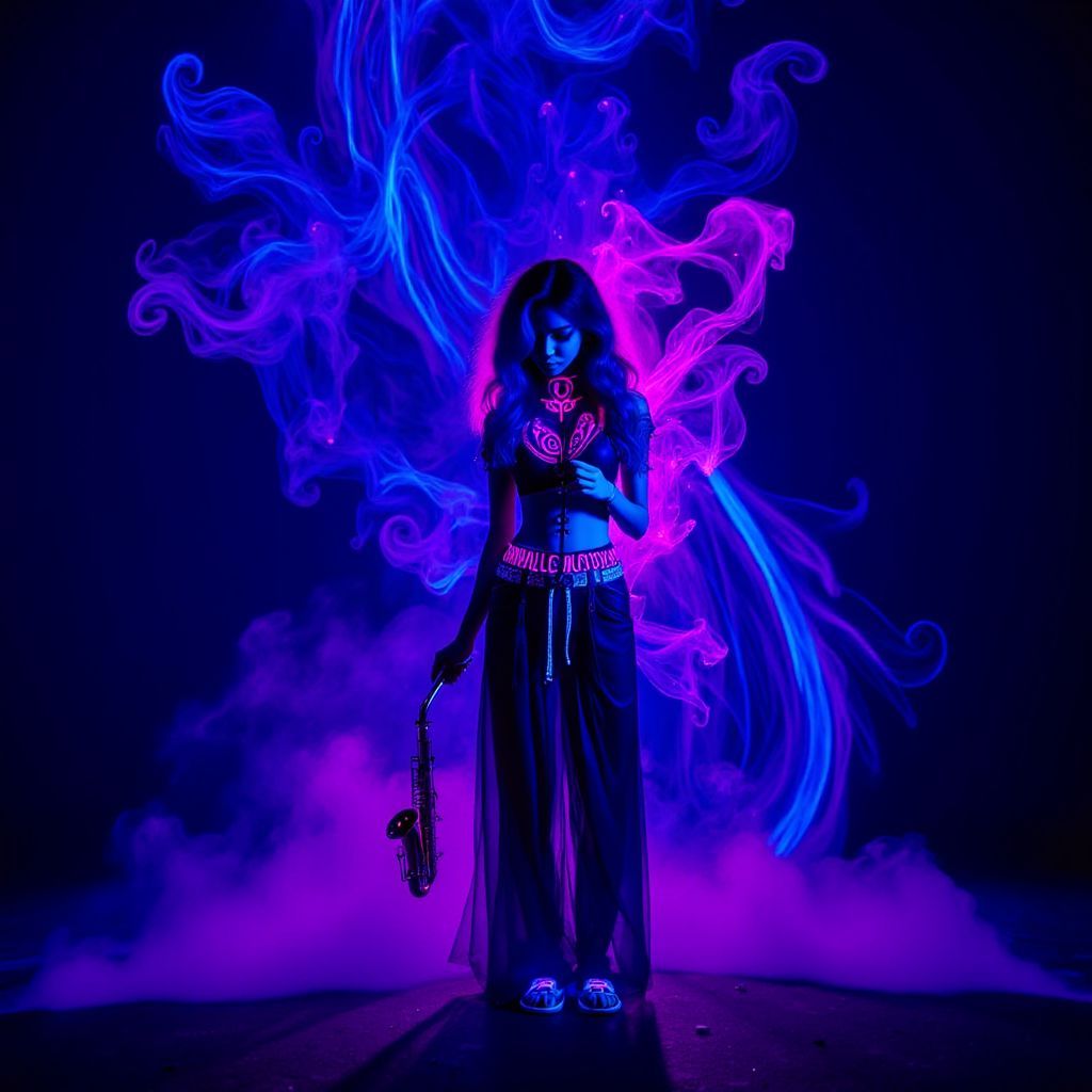 Jazz AI Album Cover — Avant-garde jazz album cover featuring a surreal saxophonist figure emerging from swirling neon smoke, black light illumination, psychedelic and abstract style, vibrant electric blues and purples, highly detailed, 8k resolution, ethereal and enigmatic atmosphere, jazz-inspired energy and movement