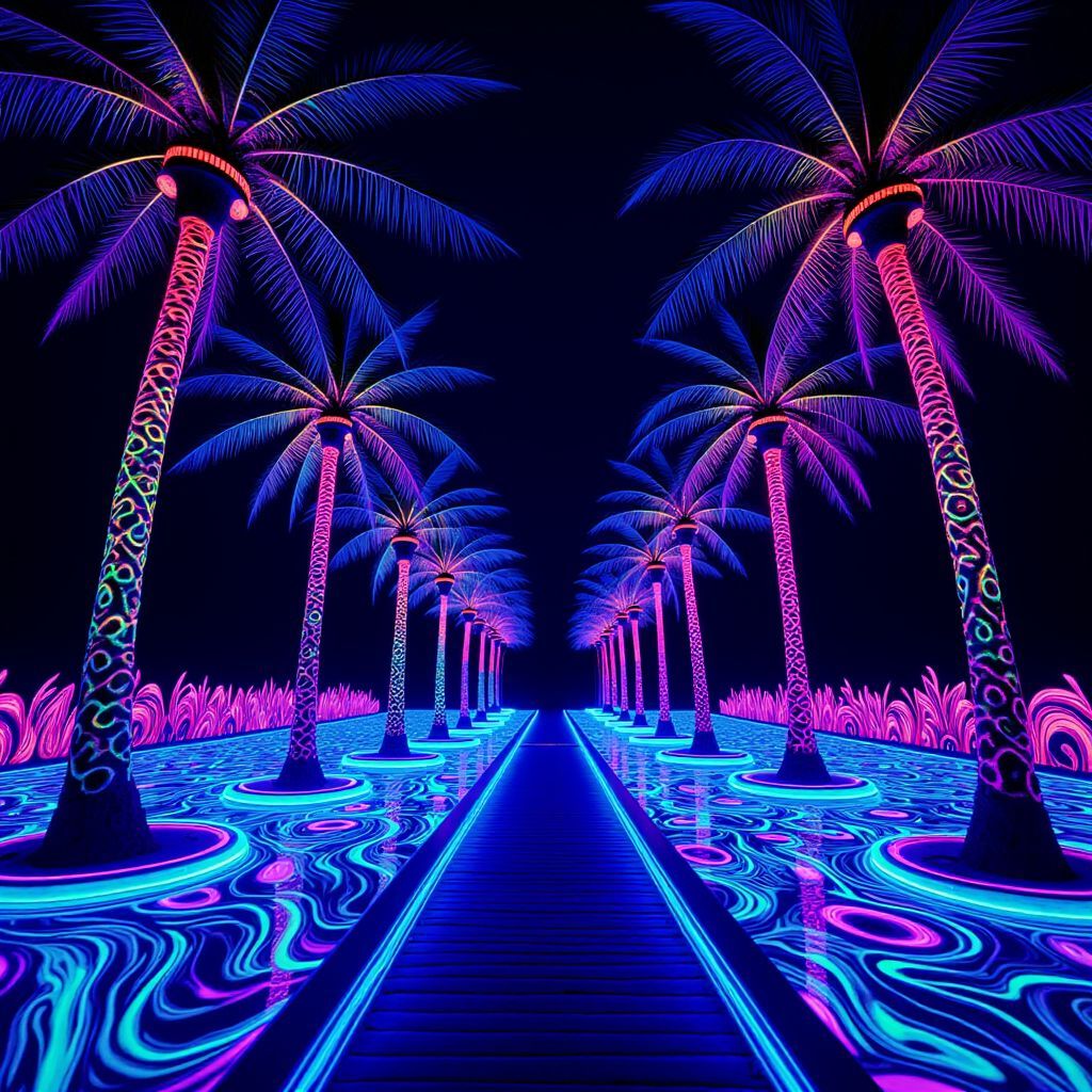 Electronic AI Album Cover — A vibrant black light music album cover featuring AIGUABLAVA BEACH at night, with surreal palm trees glowing in neon blue and green; abstract waves in psychedelic patterns, ethereal lighting creating a dreamy atmosphere, 8k resolution, highly detailed artwork