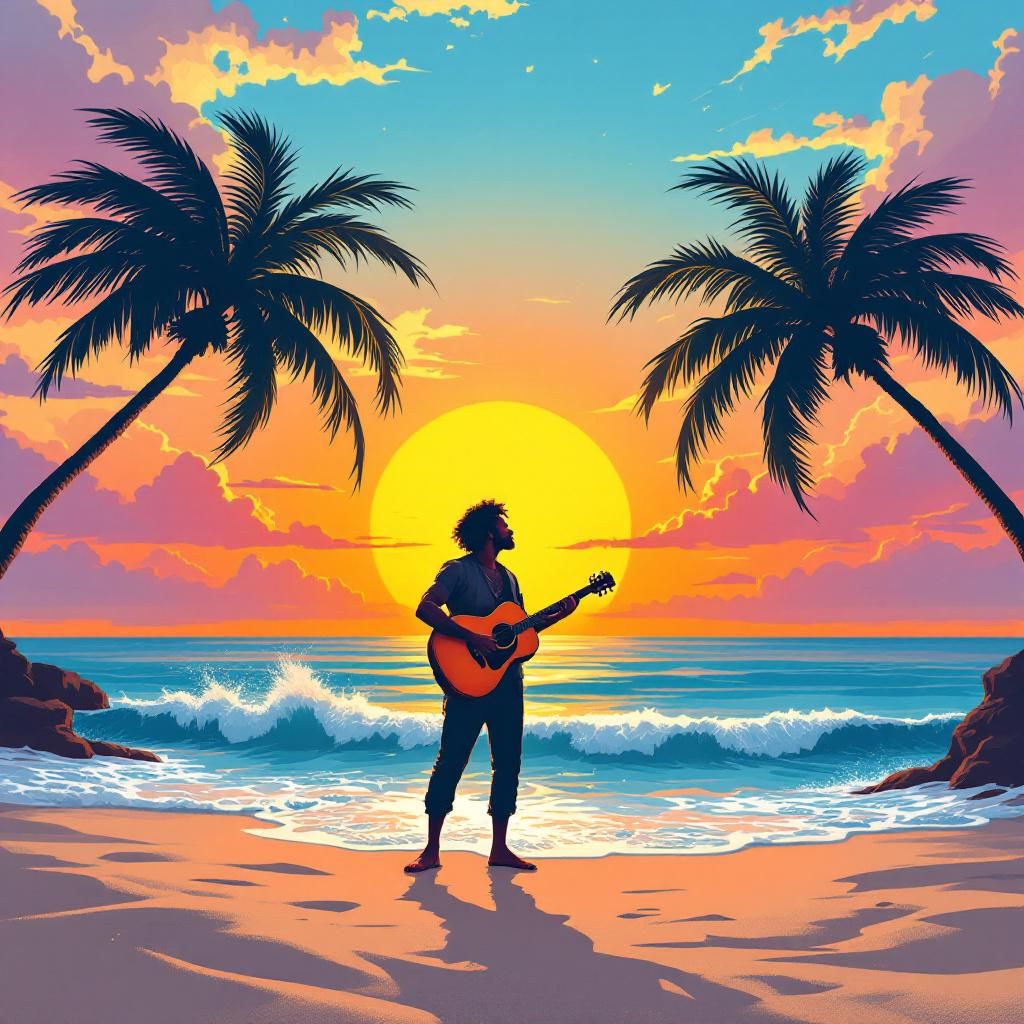 Reggae AI Album Cover — A vibrant reggae album cover featuring a colorful sunset over a serene beach, a silhouette of a musician playing a guitar, psychedelic swirls and palm trees framing the scene, warm oranges and cool blues, highly detailed, 8k resolution, joyful and relaxed atmosphere