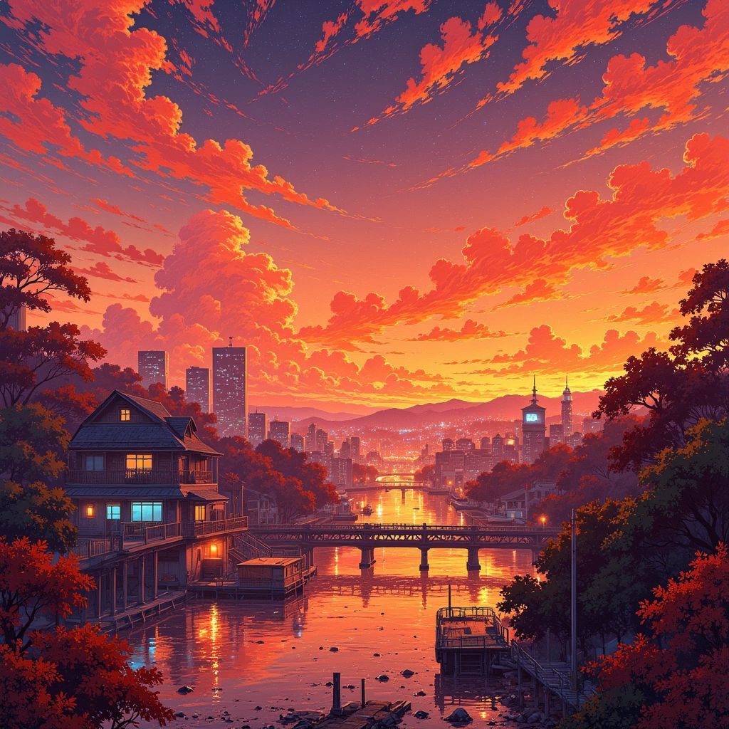 Lo-Fi AI Album Cover — A vibrant lo-fi album cover titled 'Autumn Platform 2090', featuring a futuristic cityscape at dusk with floating platforms and neon lights; ethereal atmosphere, dreamy lighting, warm autumn colors of orange and gold, detailed textures; Ghibsky illustration style, 8k resolution, highly detailed and immersive.