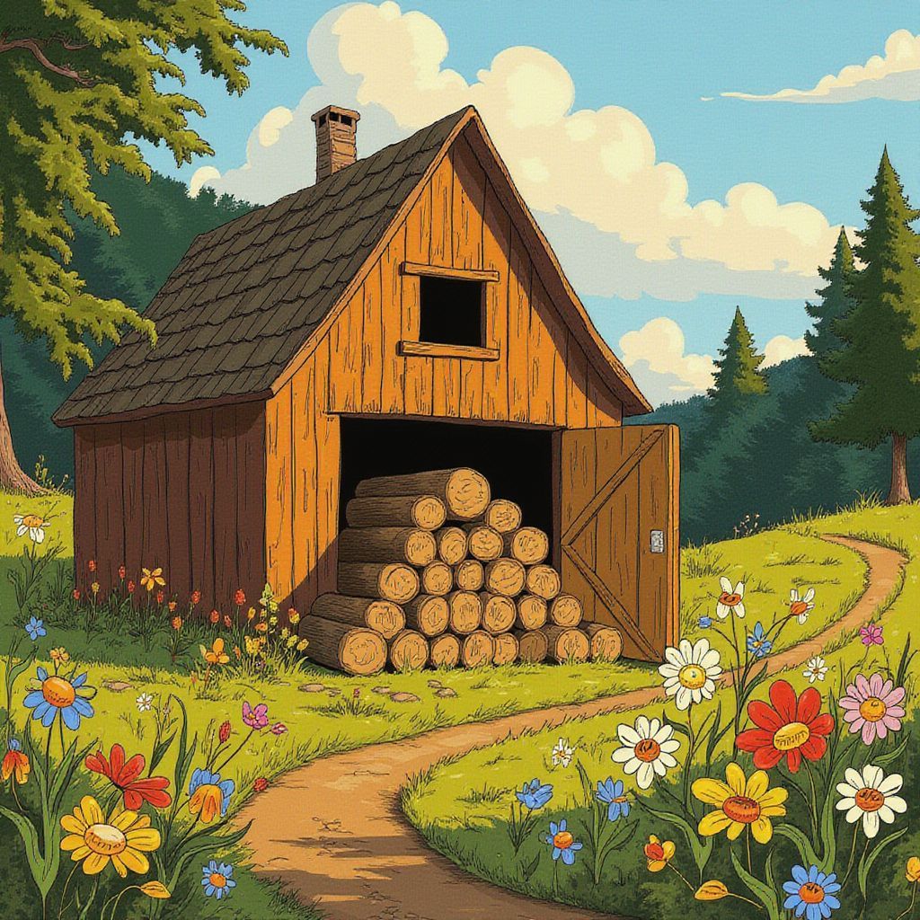 Country AI Album Cover — A hand-drawn illustration of a rustic woodpile surrounded by wildflowers, half-photograph blended with artistic brush strokes, warm golden hour lighting casting ethereal shadows, earthy tones with vibrant pops of color, high quality, country-themed ambiance