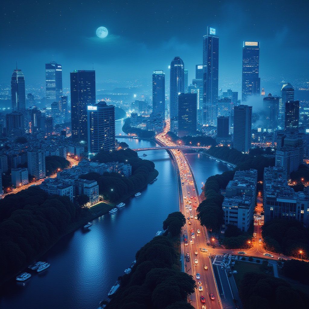 Trance AI Album Cover — Aerial view of a vibrant cityscape at night over a shimmering river, merging ultra-realistic photography with hand-drawn illustrated elements, deep blue and warm ambient city lights, ethereal mist rising, cinematic long exposure effect, hauntingly beautiful atmosphere, highly detailed balance of photo and art, 8k resolution