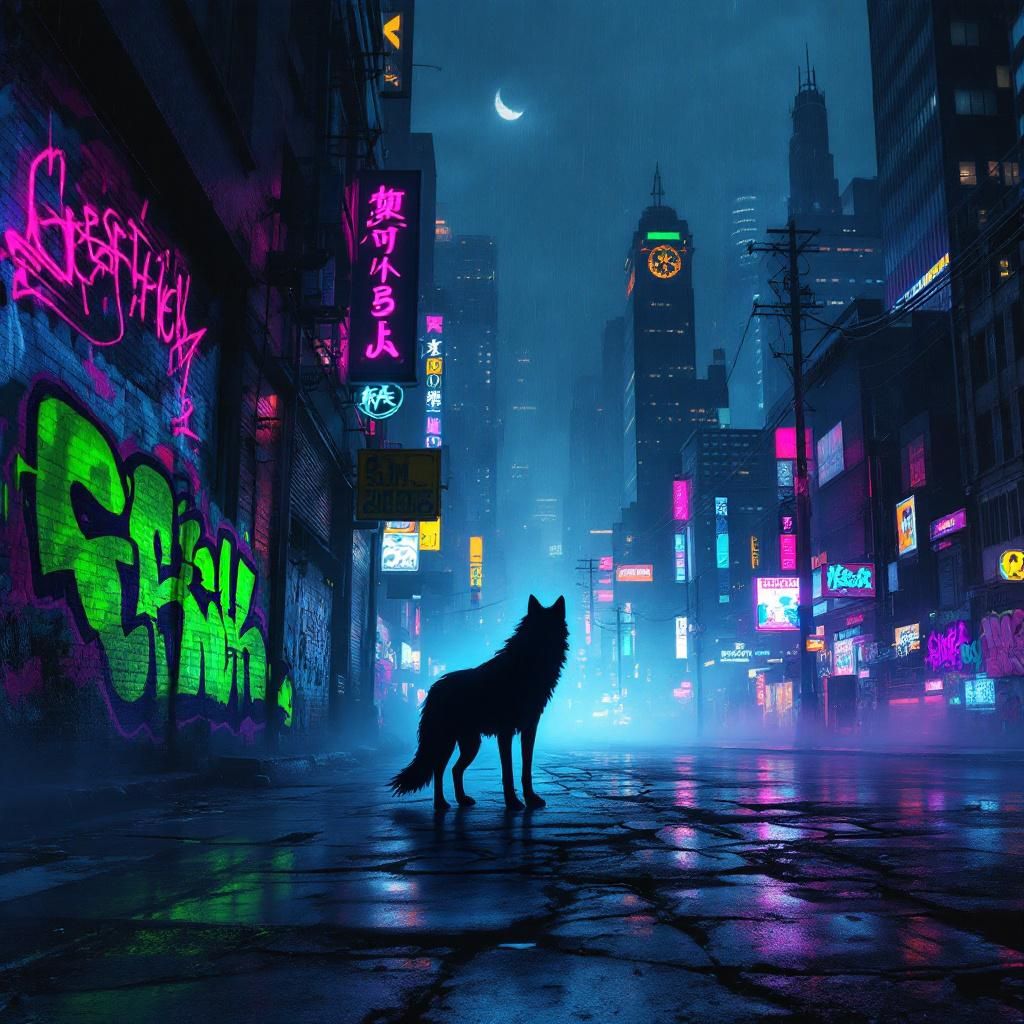 Trap AI Album Cover — A moody trap album cover with a lone wolf silhouette against a dark city skyline, colorful graffiti in the foreground, vibrant neon lights illuminating the scene, surreal atmosphere, 8K resolution, highly detailed, reflecting themes of isolation and ambition, urban aesthetic