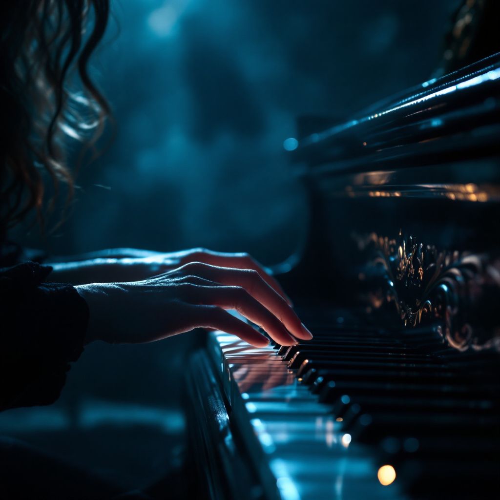 Soul AI Album Cover — Hands playing a piano, atmospheric lighting, cool blues and silvers, graceful movement, intricate detail, soft shadows, 8k resolution, high quality artistic style