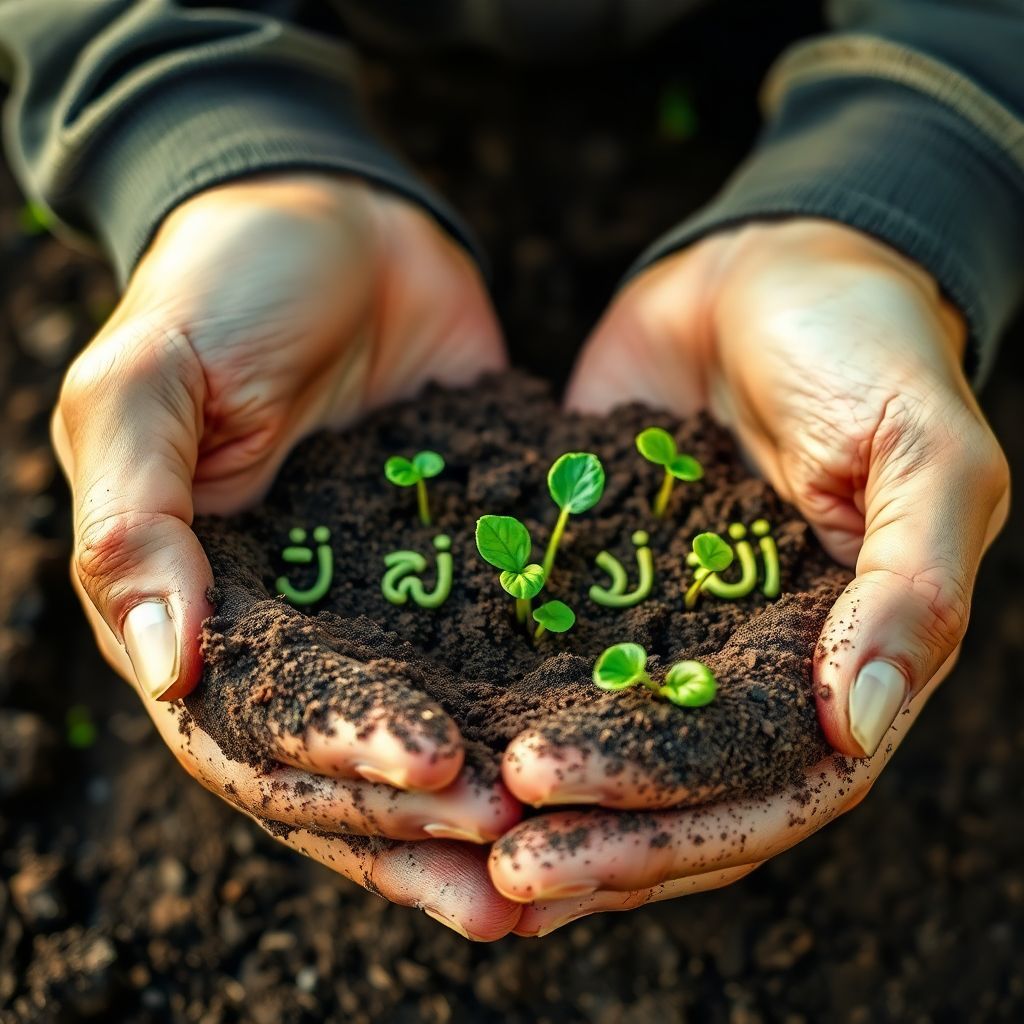 Folk AI Album Cover — An abstract representation of love and labor, with hands gently cradling soil and young plants sprouting; the title "Στη γη την ξένη" creatively blended into the soil texture, vibrant greens and browns, dreamy lighting, photorealistic details, high quality
