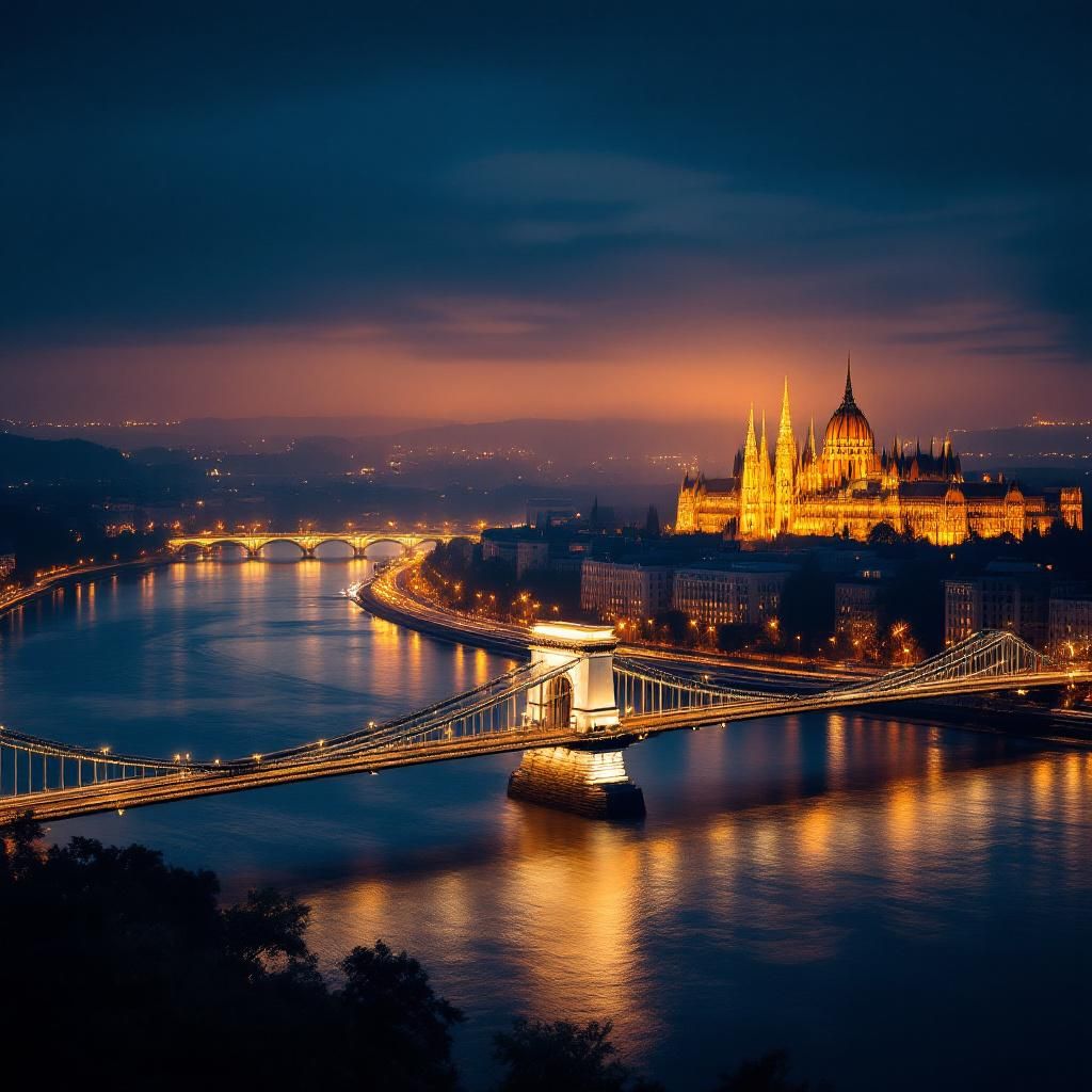 Trance AI Album Cover — Cinematic night view of Budapest from above, featuring the glowing Danube river, illuminated Chain Bridge, and warm golden Parliament, deep blue and purple tones, light mist atmosphere, energetic trance ambiance, ultra-high detail, realistic photography, long exposure city lights, 8k resolution.
