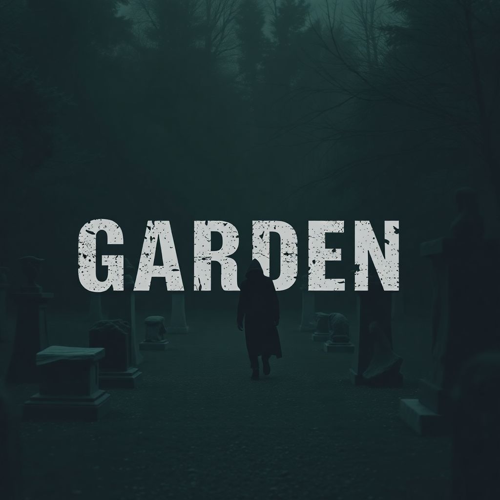Grunge AI Album Cover — A haunting grunge album cover featuring a shadowy figure walking through a desolate garden, surrounded by stone sculptures; moody lighting with deep shadows, a muted color palette of dark greens and grays, incorporating the title "Garden" in distressed, bold typography, ethereal and surreal atmosphere, highly detailed, 8k resolution.