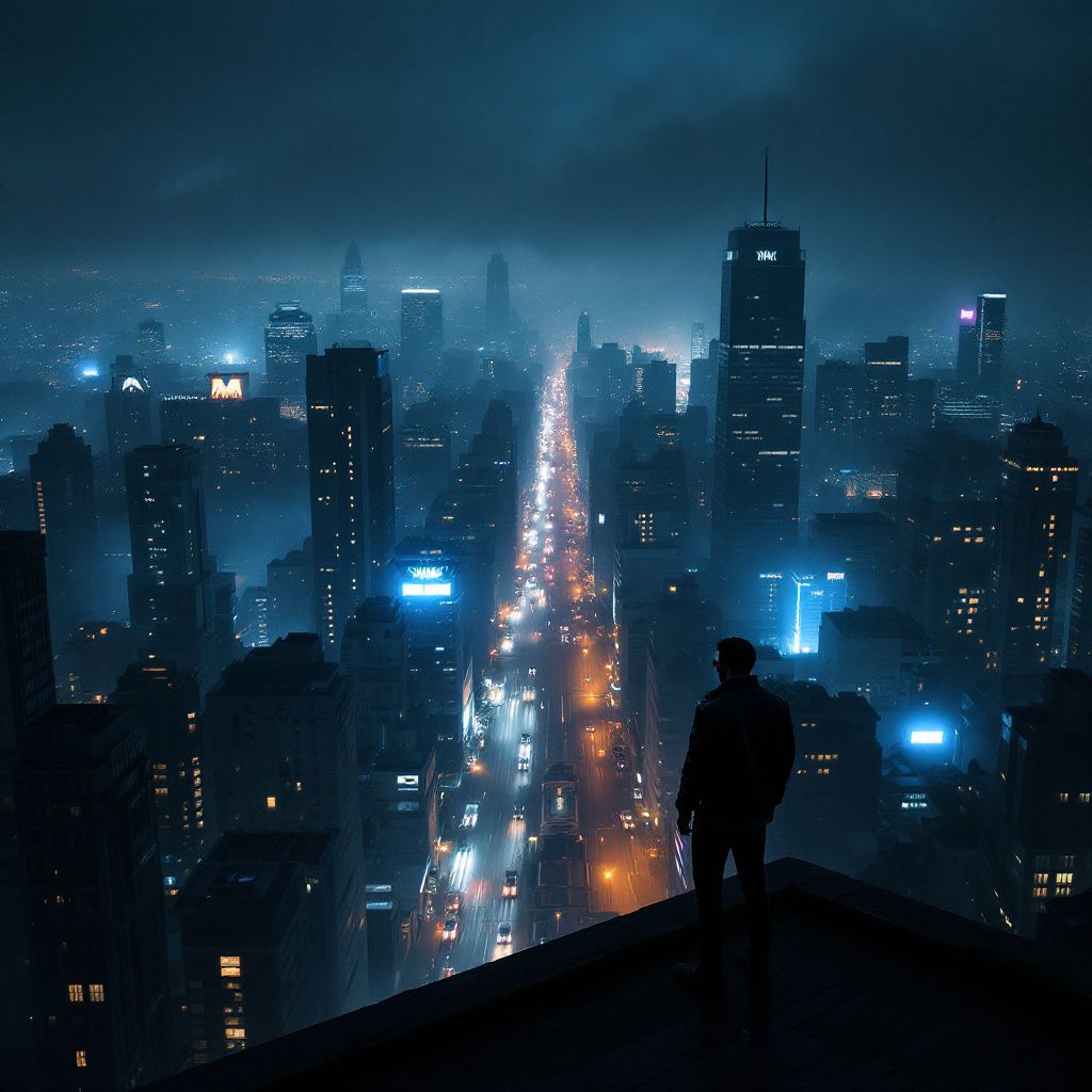 Reggaeton AI Album Cover — An elegant nighttime cityscape, with glowing streetlights and a shadowy reggaeton singer on a rooftop, cinematic noir style, moody blues and black tones, highly detailed, 8k