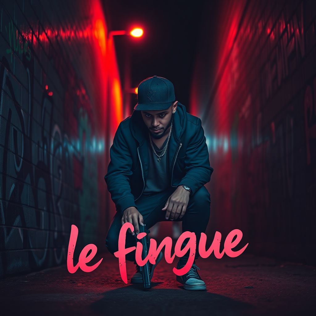 Trap AI Album Cover — A trap music album cover depicting a young man dropping his gun in a dark alley, illuminated by streetlights; graffiti background, emotional expression, vibrant colors of red and blue, highly detailed, cinematic atmosphere, clear integration of the text 'Lache le flingue' as a graffiti style, high resolution, moody vibe